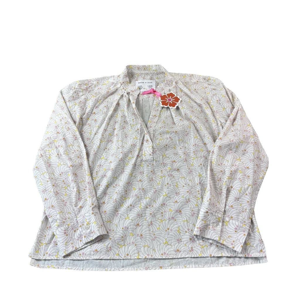 Wear Cissa White Pink Yellow Geometric Cotton LS Pullover Blouse Size L NWT